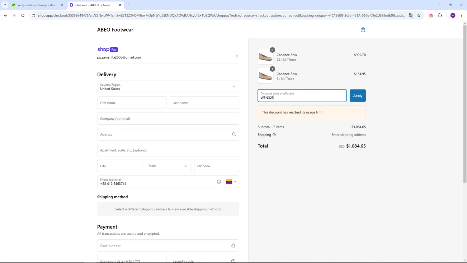 ABEO Footwear discount code screenshot showing code W5N325 applied at ABEO Footwear checkout page. Uploaded by SimplyCodes community member AVAMUSTANG on Feb 26, 2025