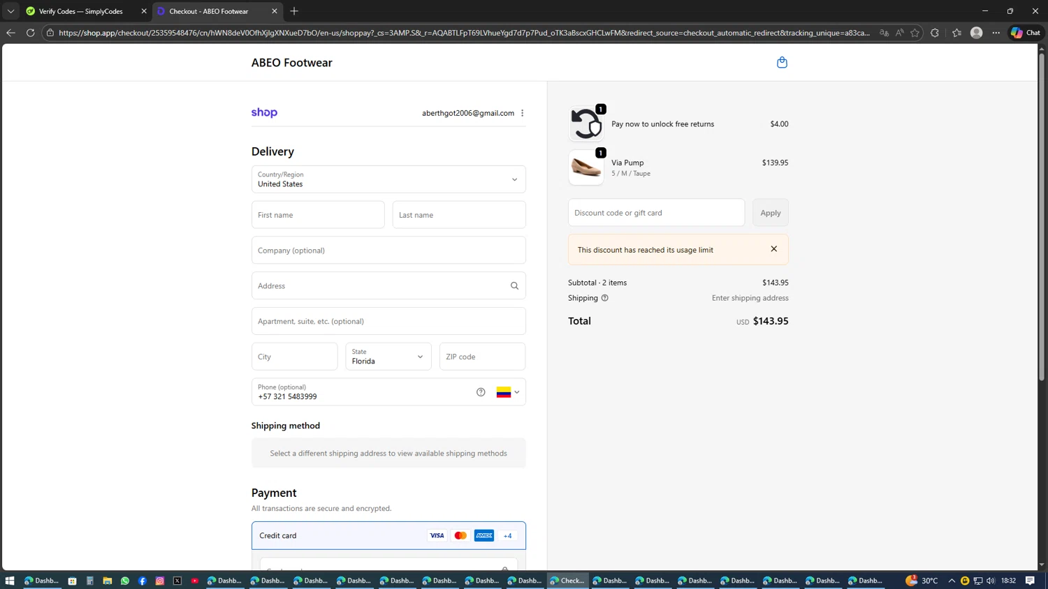 ABEO Footwear discount code screenshot showing code W5N325 applied at ABEO Footwear checkout page. Uploaded by SimplyCodes community member AVATIGRITO on Feb 10, 2026