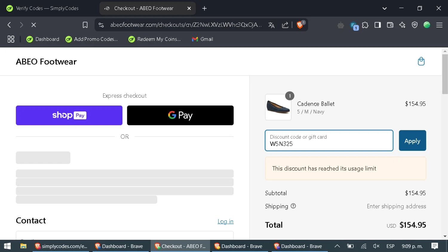 ABEO Footwear discount code screenshot showing code W5N325 applied at ABEO Footwear checkout page. Uploaded by SimplyCodes community member SaleAdmiral9379 on Feb 26, 2025
