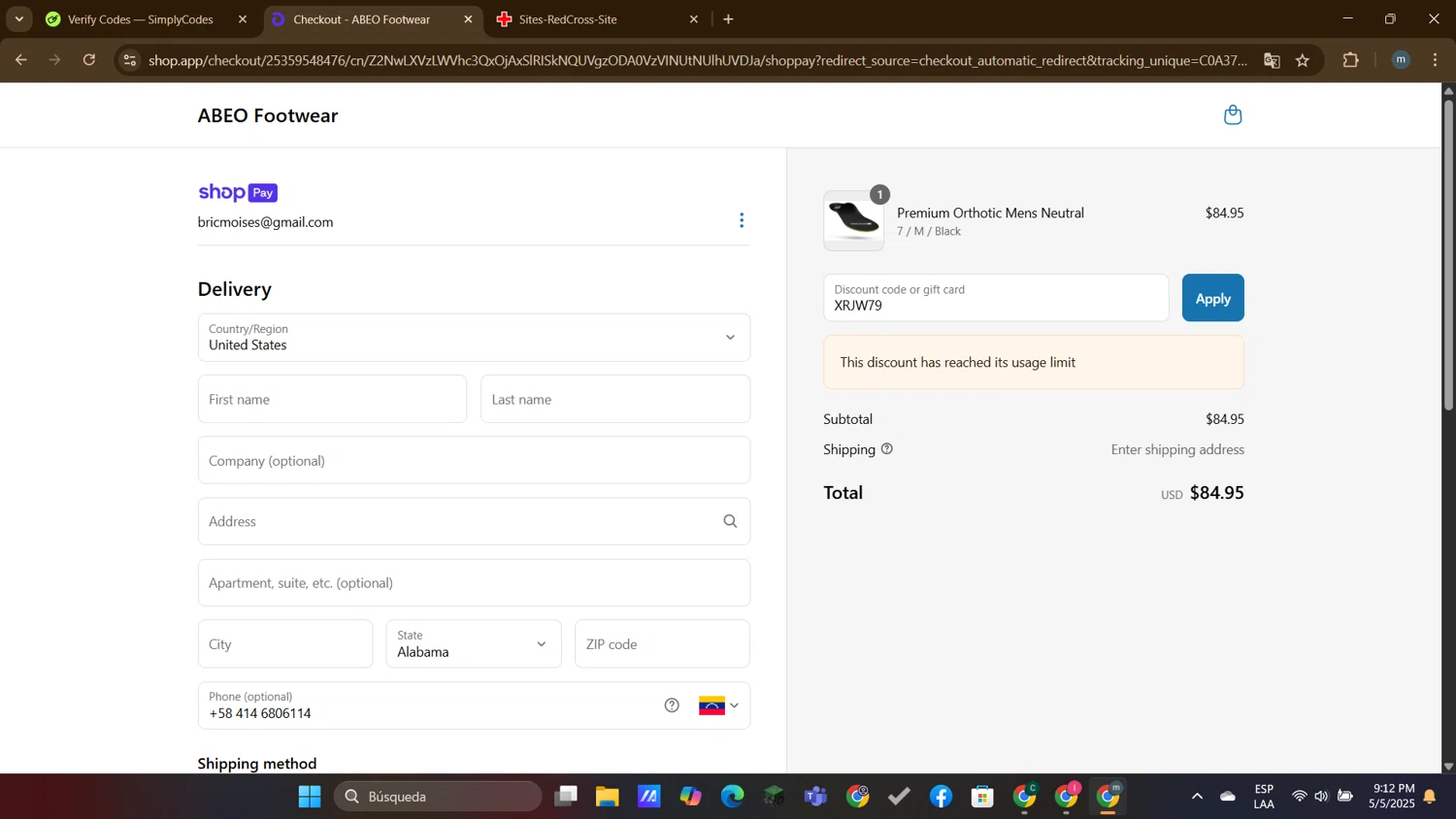 ABEO Footwear discount code screenshot showing code XRJW79 applied at ABEO Footwear checkout page. Uploaded by SimplyCodes community member DTBERA2024 on May 6, 2025