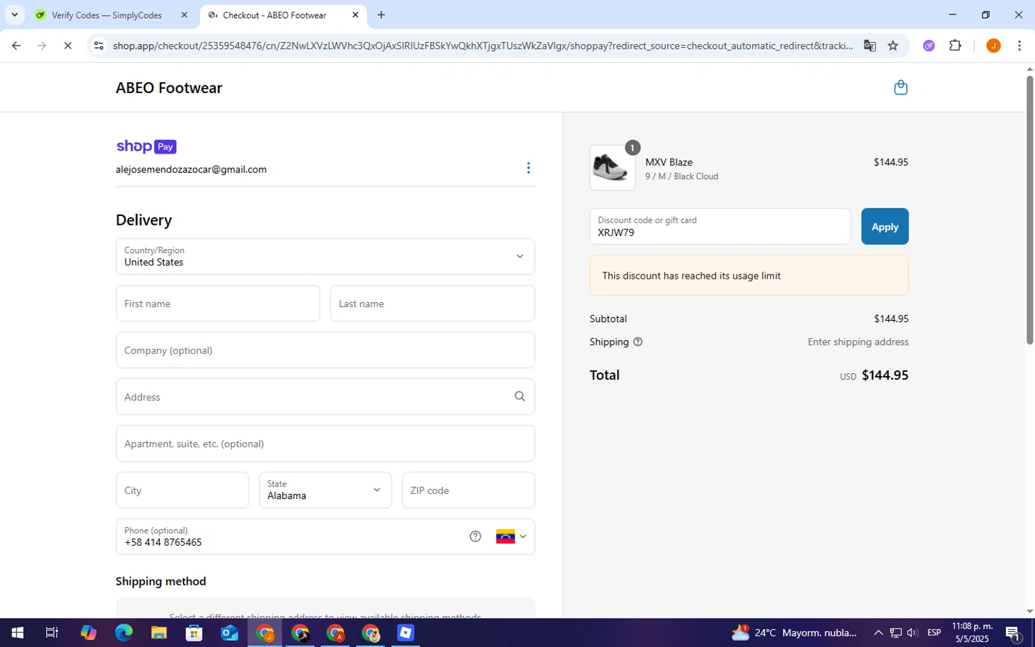 ABEO Footwear discount code screenshot showing code XRJW79 applied at ABEO Footwear checkout page. Uploaded by SimplyCodes community member TheCreature on May 6, 2025