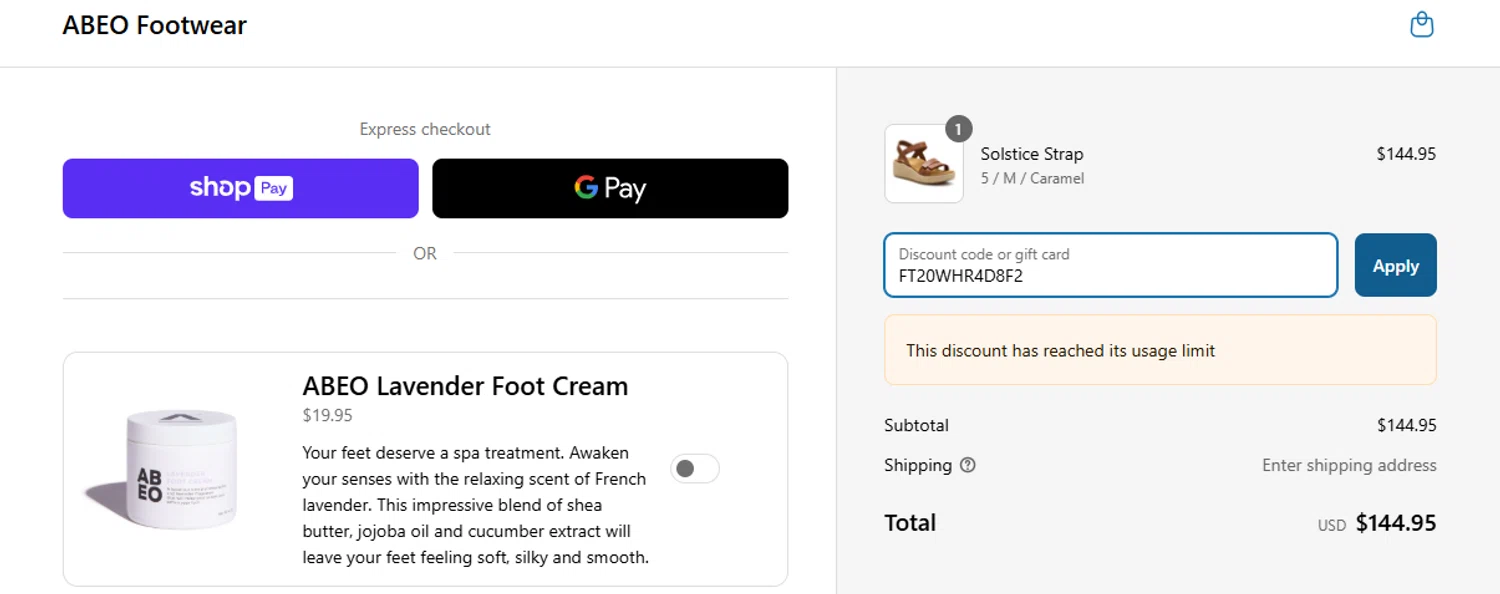 ABEO Footwear discount code screenshot showing code FT20WHR4D8F2 applied at ABEO Footwear checkout page. Uploaded by SimplyCodes community member SnoopDogg on Mar 21, 2025