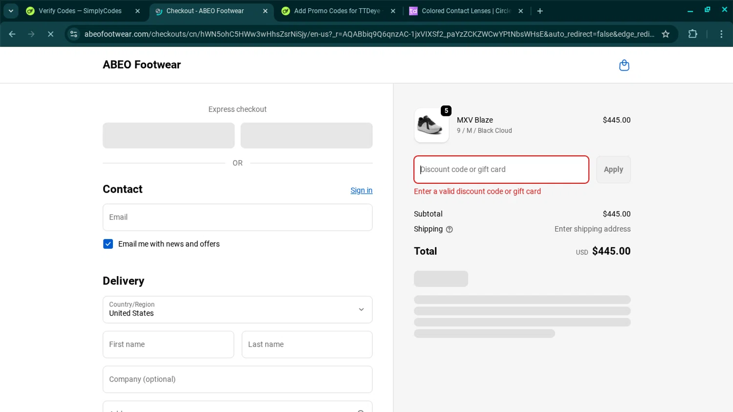 ABEO Footwear discount code screenshot showing code EARLYBFNOW applied at ABEO Footwear checkout page. Uploaded by SimplyCodes community member SwiftSage2309 on Nov 28, 2025