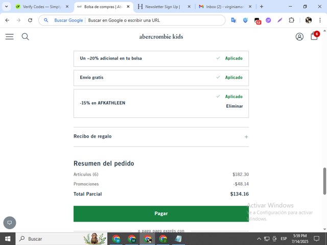 Abercrombie & Fitch checkout page showing Abercrombie & Fitch promo code box | Screenshot taken by SimplyCodes community member on Jul 14, 2025