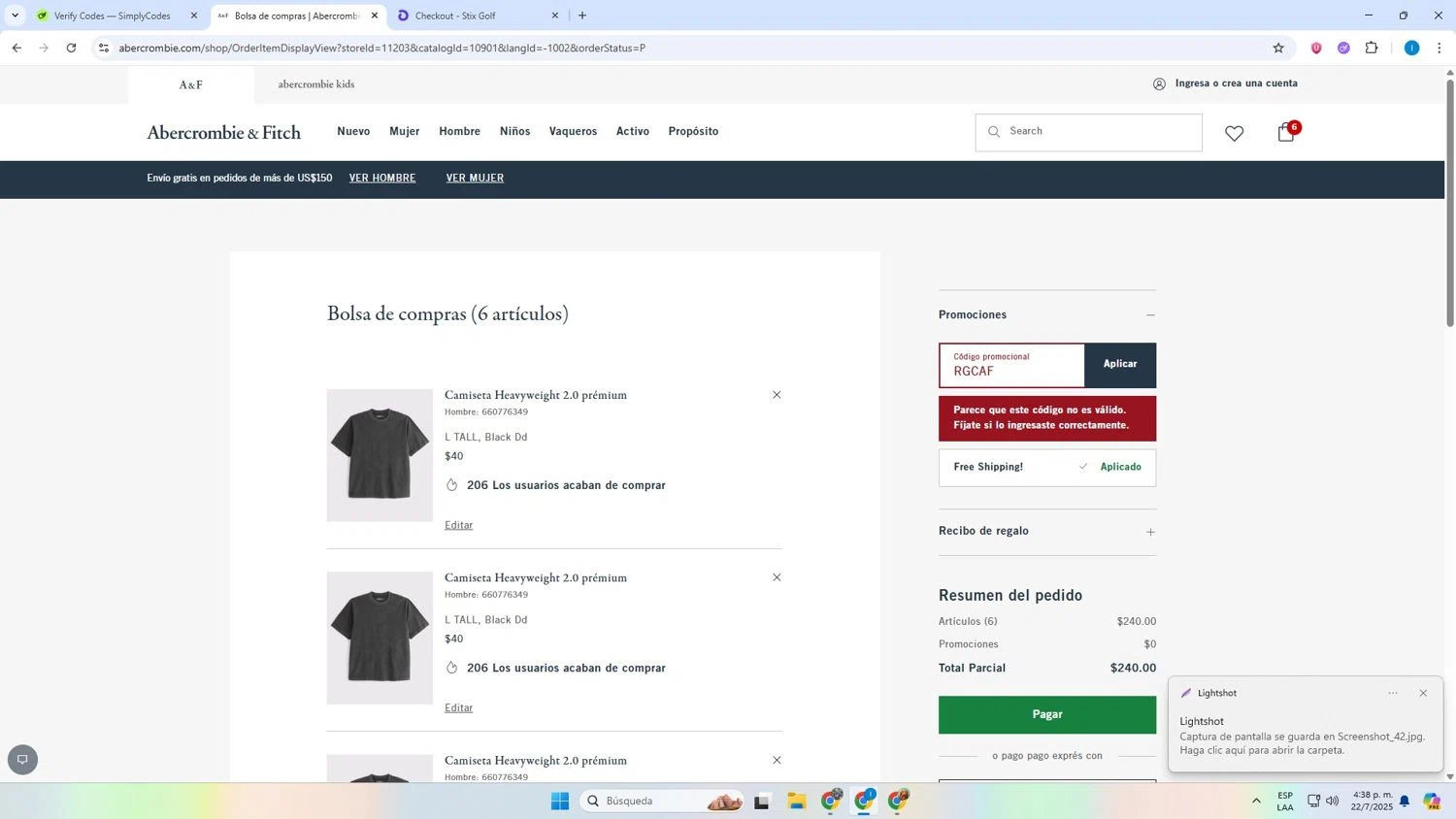 Abercrombie & Fitch promo code screenshot showing code RGCAF applied at Abercrombie & Fitch checkout page. Uploaded by SimplyCodes community member Derecksrob on Jul 22, 2025