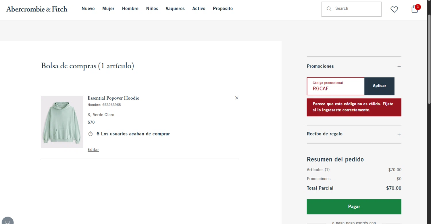 Abercrombie & Fitch promo code screenshot showing code RGCAF applied at Abercrombie & Fitch checkout page. Uploaded by SimplyCodes community member WoskalRevenge on Jul 22, 2025