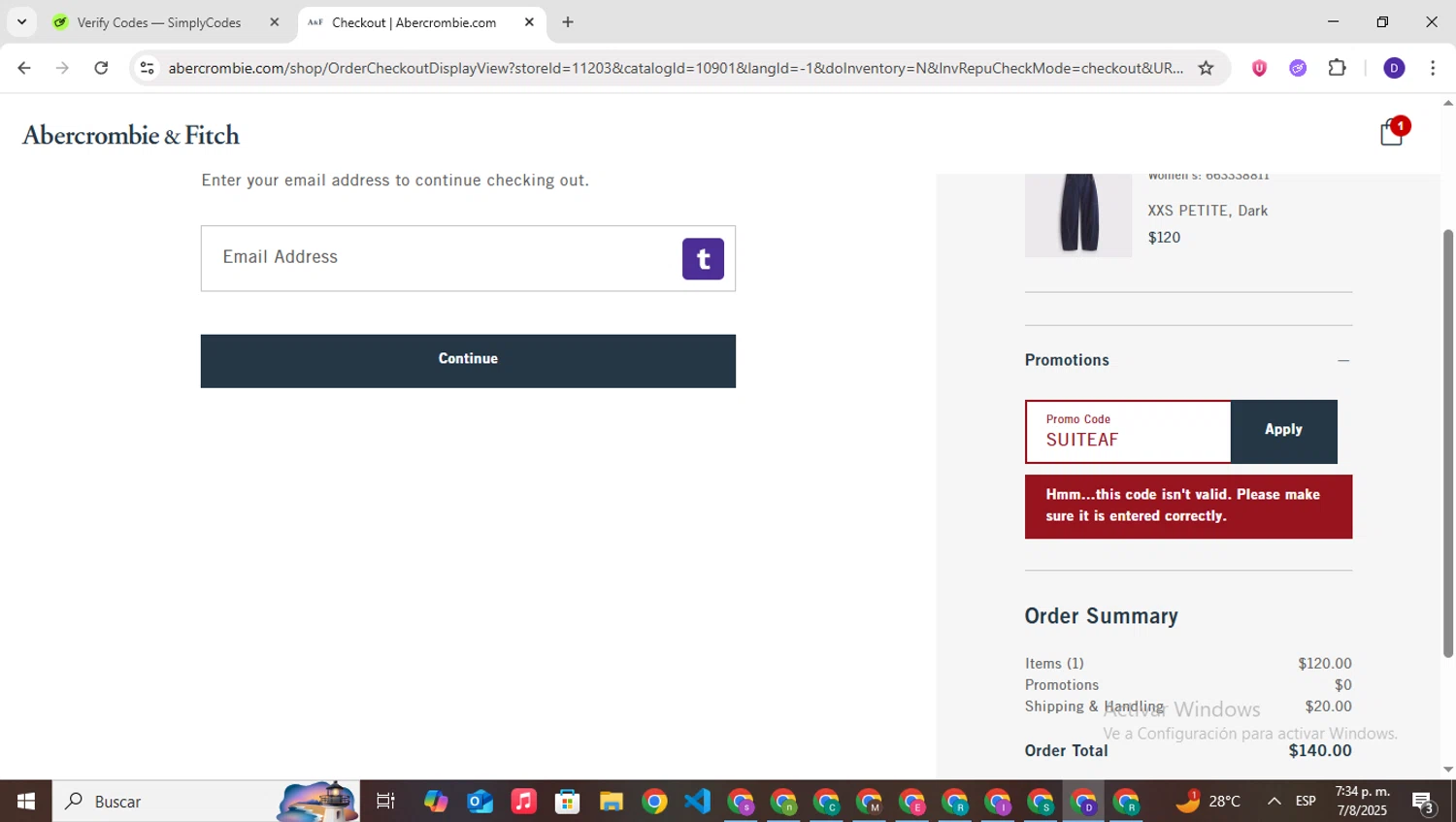 Abercrombie & Fitch promo code screenshot showing code SUITEAF applied at Abercrombie & Fitch checkout page. Uploaded by SimplyCodes community member PrimeNavigator3251 on Aug 7, 2025