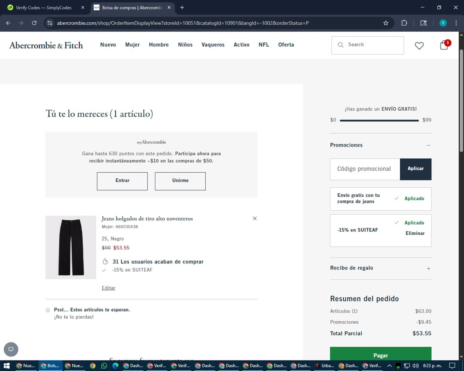 Abercrombie & Fitch promo code screenshot showing code SUITEAF applied at Abercrombie & Fitch checkout page. Uploaded by SimplyCodes community member RoyalEagle4794 on Aug 8, 2025