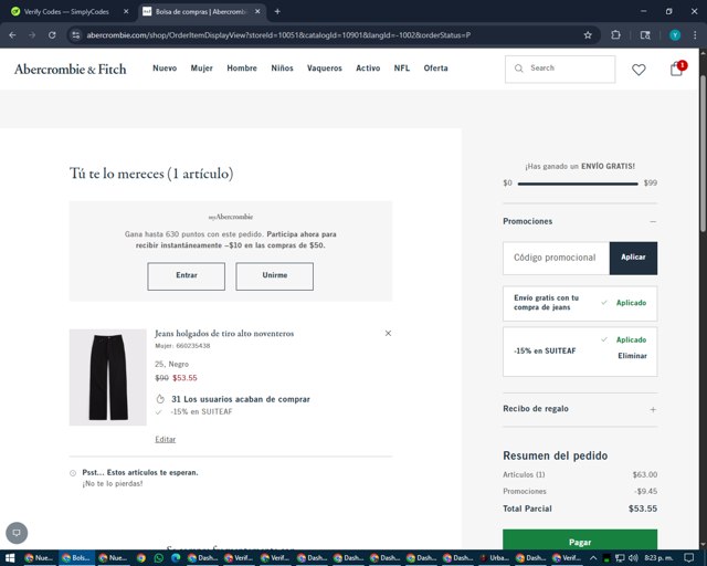 Abercrombie & Fitch checkout page showing Abercrombie & Fitch promo code box | Screenshot taken by SimplyCodes community member on Aug 8, 2025