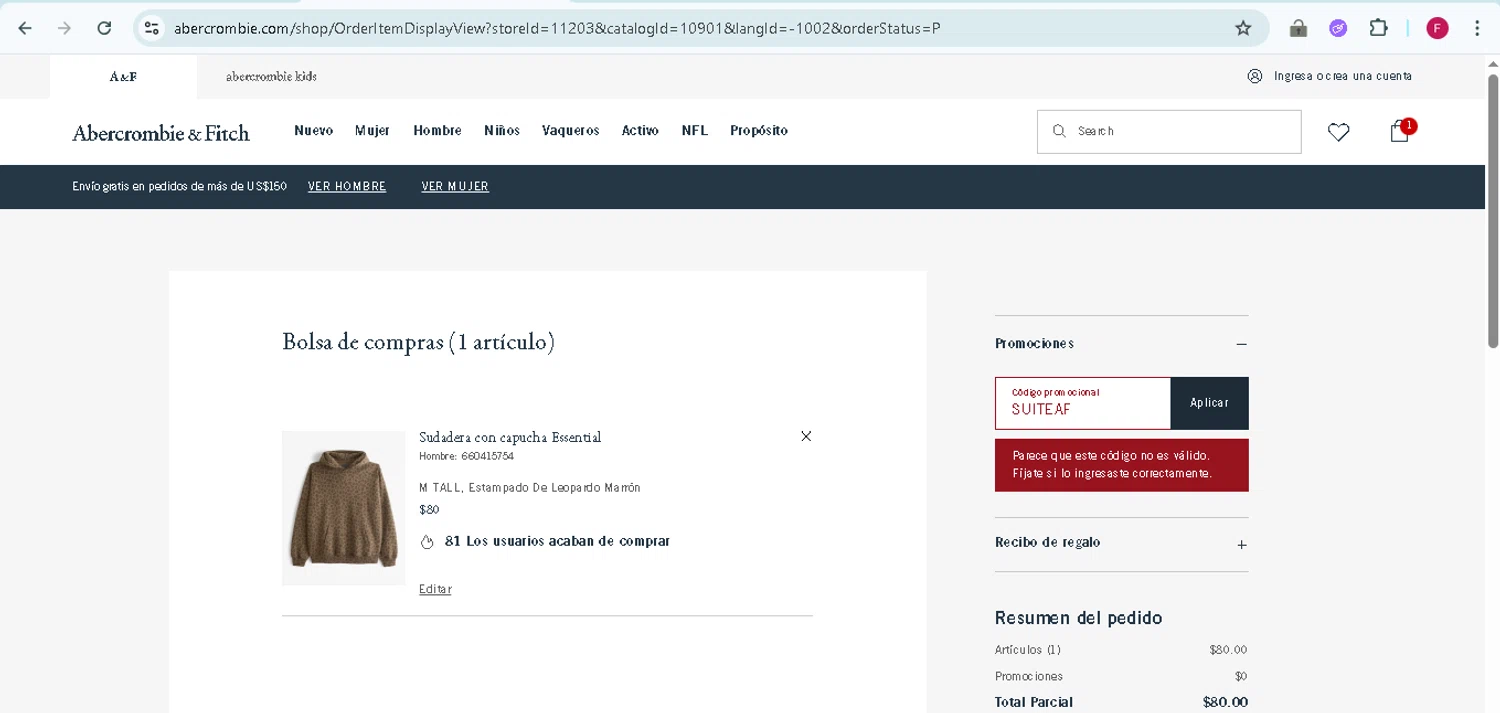 Abercrombie & Fitch promo code screenshot showing code SUITEAF applied at Abercrombie & Fitch checkout page. Uploaded by SimplyCodes community member TokenMonarch796 on Aug 8, 2025