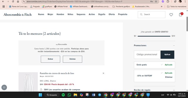 Abercrombie & Fitch checkout page showing Abercrombie & Fitch promo code box | Screenshot taken by SimplyCodes community member on Jul 13, 2025
