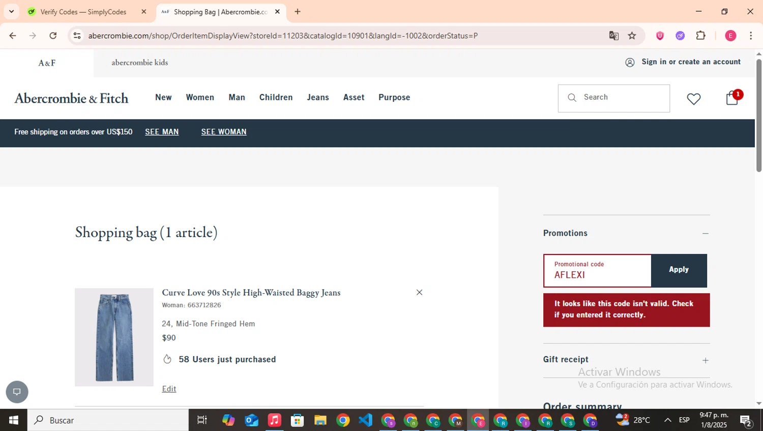 Abercrombie & Fitch promo code screenshot showing code AFLEXI applied at Abercrombie & Fitch checkout page. Uploaded by SimplyCodes community member CouponHero7312 on Aug 2, 2025