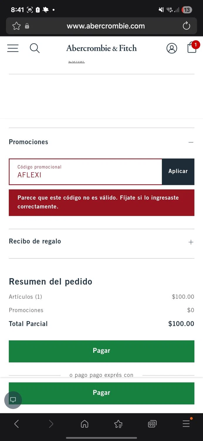 Abercrombie & Fitch promo code screenshot showing code AFLEXI applied at Abercrombie & Fitch checkout page. Uploaded by SimplyCodes community member GoldFinder6454 on Aug 2, 2025