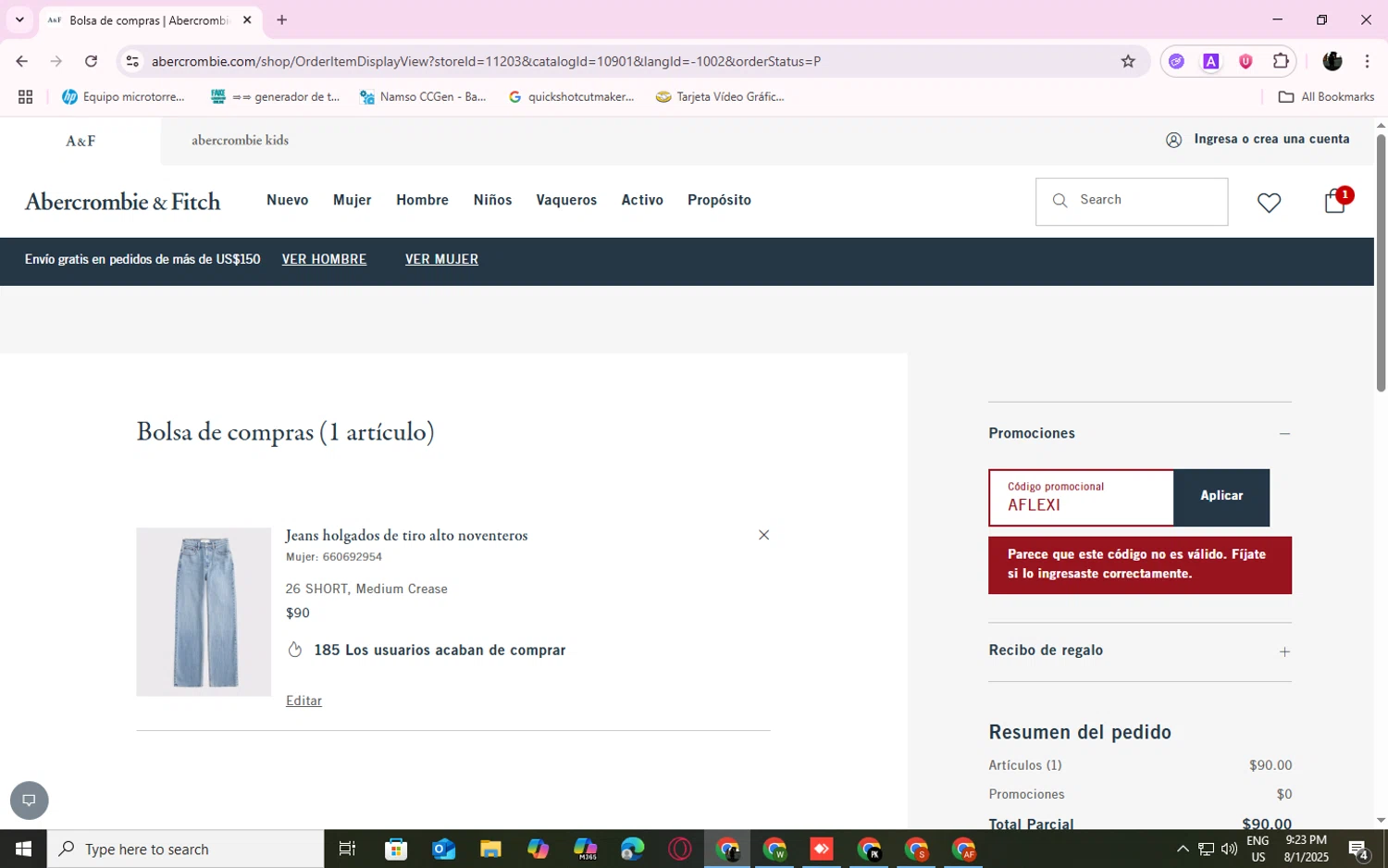 Abercrombie & Fitch promo code screenshot showing code AFLEXI applied at Abercrombie & Fitch checkout page. Uploaded by SimplyCodes community member MARICORI on Aug 2, 2025