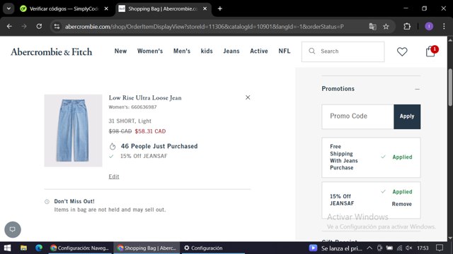 Abercrombie & Fitch checkout page showing Abercrombie & Fitch promo code box | Screenshot taken by SimplyCodes community member on Aug 9, 2025