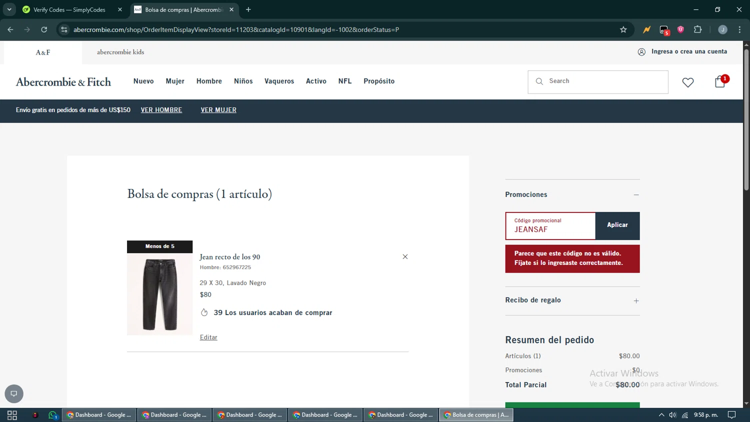 Abercrombie & Fitch promo code screenshot showing code JEANSAF applied at Abercrombie & Fitch checkout page. Uploaded by SimplyCodes community member CashShopper1214 on Aug 13, 2025
