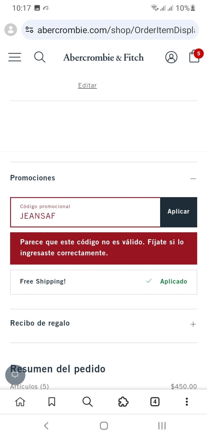 Abercrombie & Fitch promo code screenshot showing code JEANSAF applied at Abercrombie & Fitch checkout page. Uploaded by SimplyCodes community member Menotii23 on Aug 13, 2025