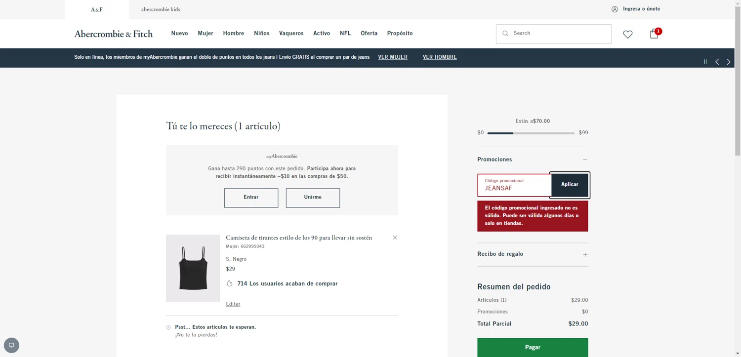 Abercrombie & Fitch promo code screenshot showing code JEANSAF applied at Abercrombie & Fitch checkout page. Uploaded by SimplyCodes community member PromoAdmiral6652 on Aug 13, 2025