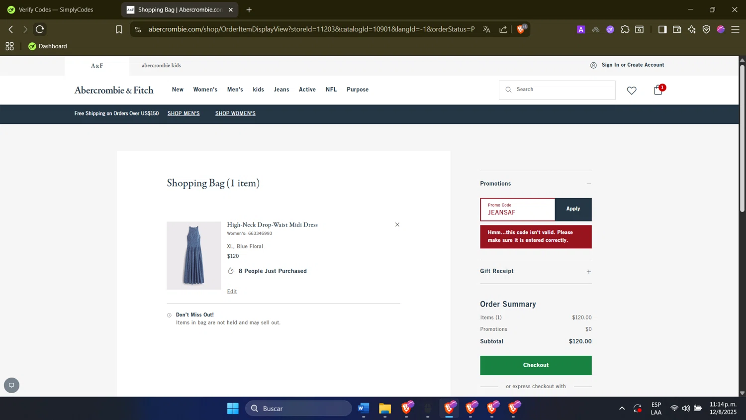 Abercrombie & Fitch promo code screenshot showing code JEANSAF applied at Abercrombie & Fitch checkout page. Uploaded by SimplyCodes community member SwiftTracker9305 on Aug 13, 2025