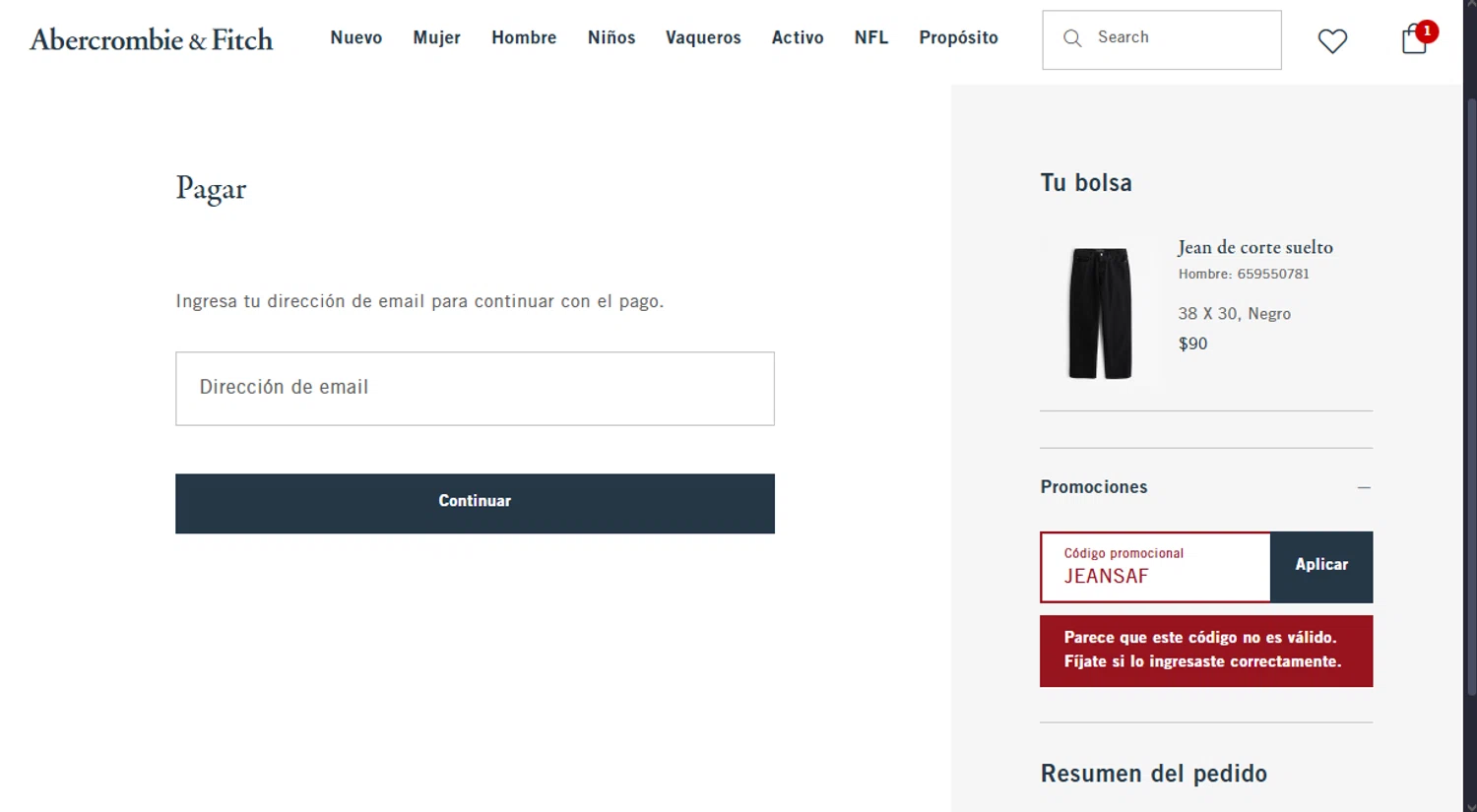 Abercrombie & Fitch promo code screenshot showing code JEANSAF applied at Abercrombie & Fitch checkout page. Uploaded by SimplyCodes community member mordeaki on Aug 13, 2025