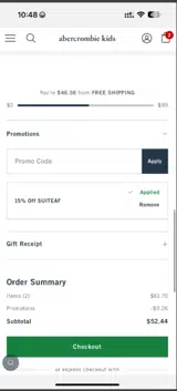 Abercrombie Kids coupon verification screenshot