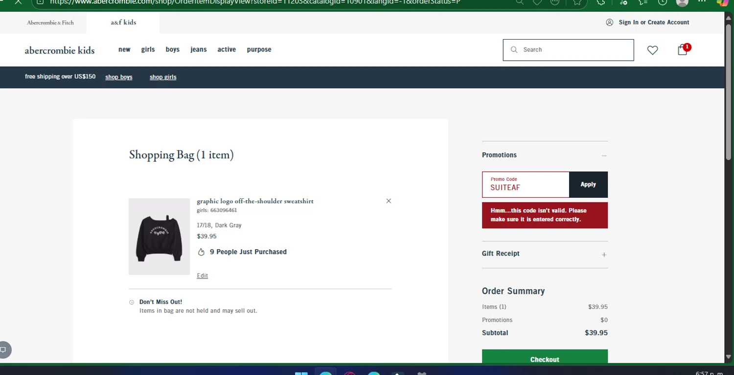 Abercrombie Kids promo code screenshot showing code SUITEAF applied at Abercrombie Kids checkout page. Uploaded by SimplyCodes community member chepipro on Aug 12, 2025