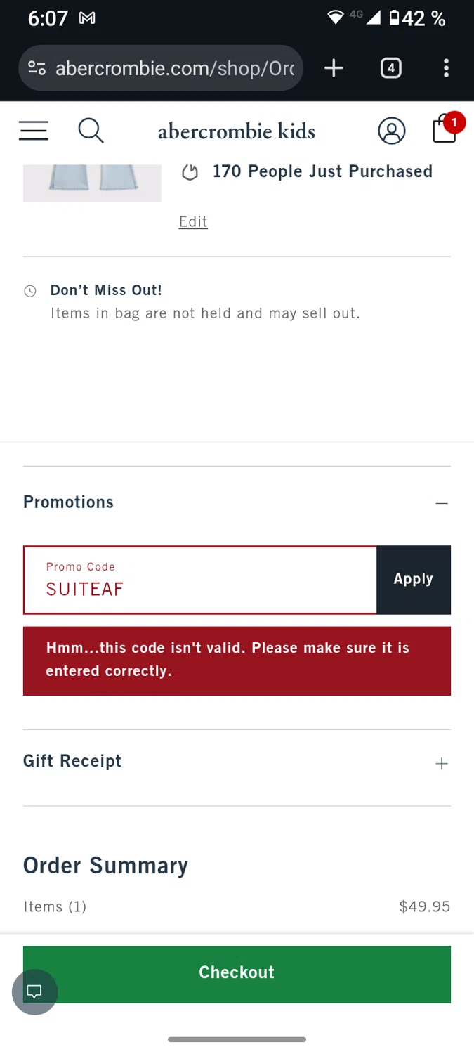 Abercrombie Kids promo code screenshot showing code SUITEAF applied at Abercrombie Kids checkout page. Uploaded by SimplyCodes community member marthairiarte on Aug 12, 2025
