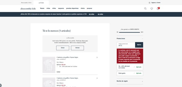 Abercrombie Kids checkout page showing Abercrombie Kids promo code box | Screenshot taken by SimplyCodes community member on Jun 10, 2025