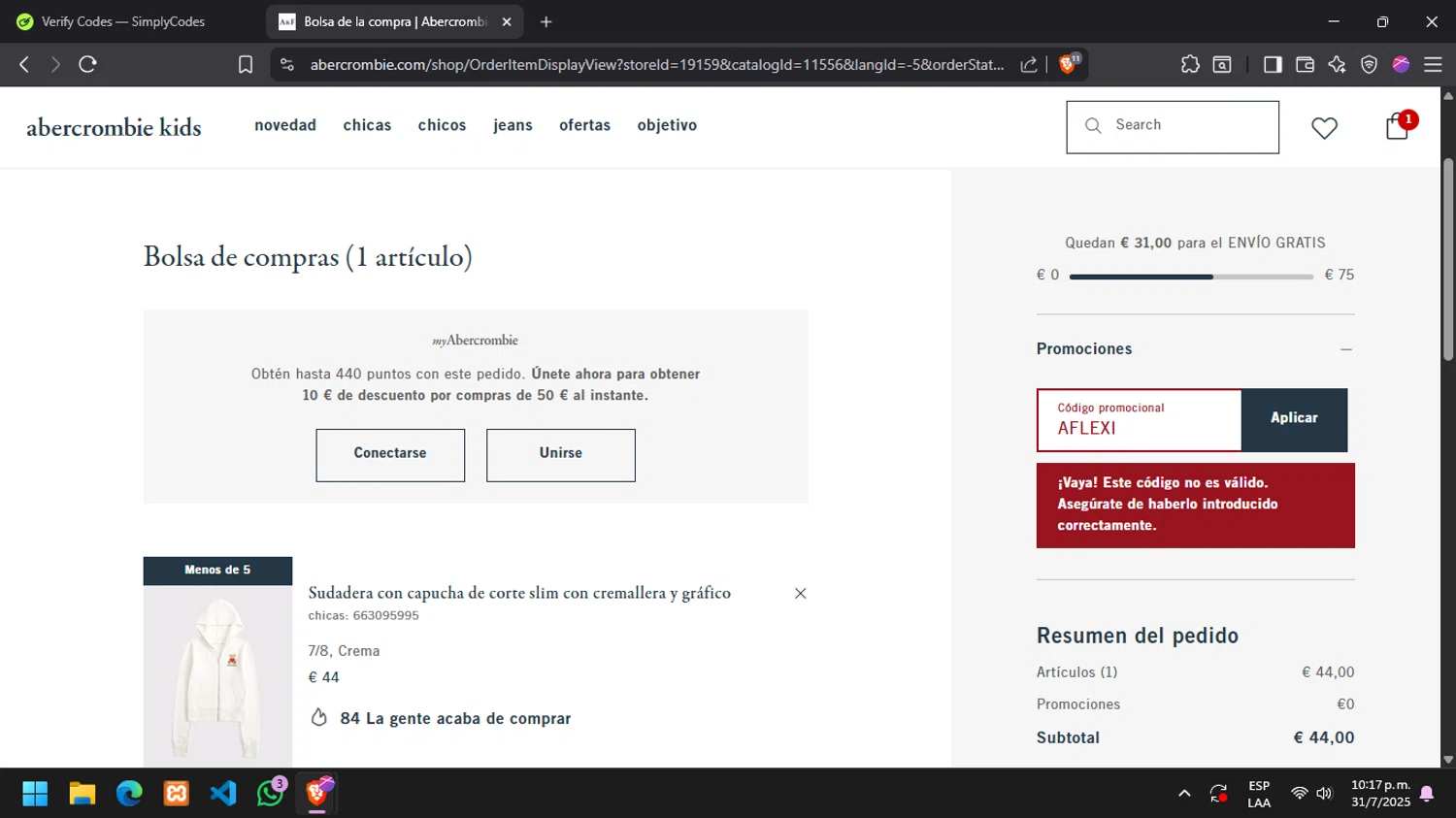Abercrombie Kids promo code screenshot showing code AFLEXI applied at Abercrombie Kids checkout page. Uploaded by SimplyCodes community member DaniTsu on Aug 1, 2025