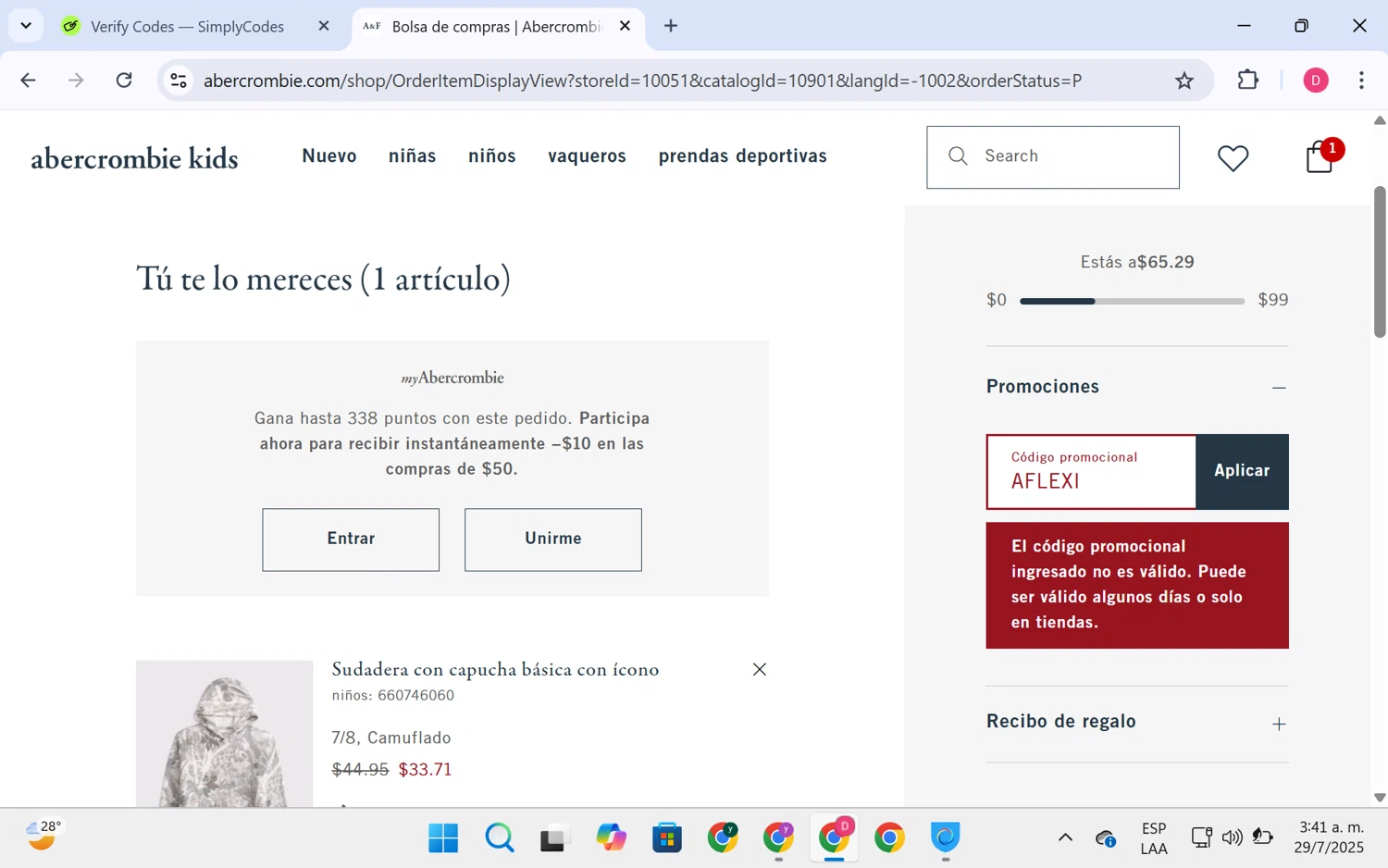 Abercrombie Kids promo code screenshot showing code AFLEXI applied at Abercrombie Kids checkout page. Uploaded by SimplyCodes community member LuckyHero4650 on Jul 29, 2025