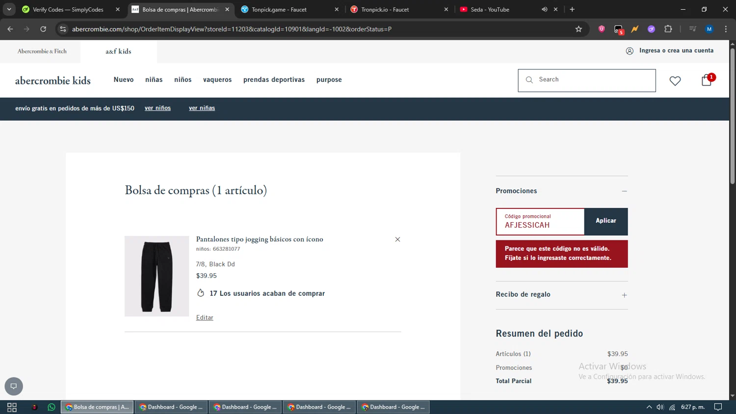 Abercrombie Kids promo code screenshot showing code AFJESSICAH applied at Abercrombie Kids checkout page. Uploaded by SimplyCodes community member EpicVoyager2820 on Aug 27, 2025
