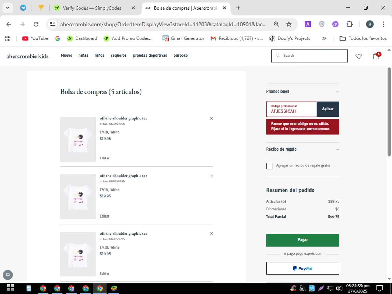 Abercrombie Kids promo code screenshot showing code AFJESSICAH applied at Abercrombie Kids checkout page. Uploaded by SimplyCodes community member PennyWizard7963 on Aug 27, 2025