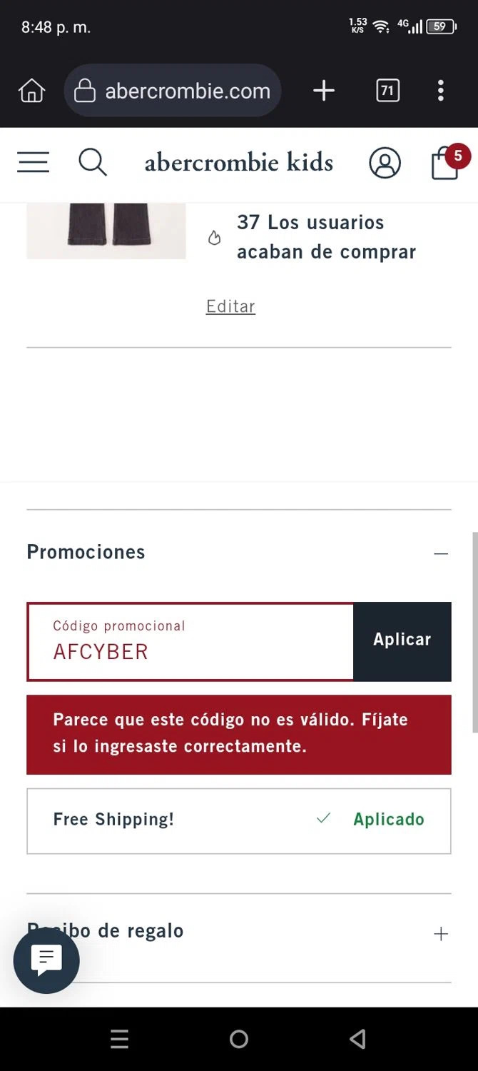 Abercrombie Kids promo code screenshot showing code AFCYBER applied at Abercrombie Kids checkout page. Uploaded by SimplyCodes community member BrilliantHero1199 on Dec 3, 2025