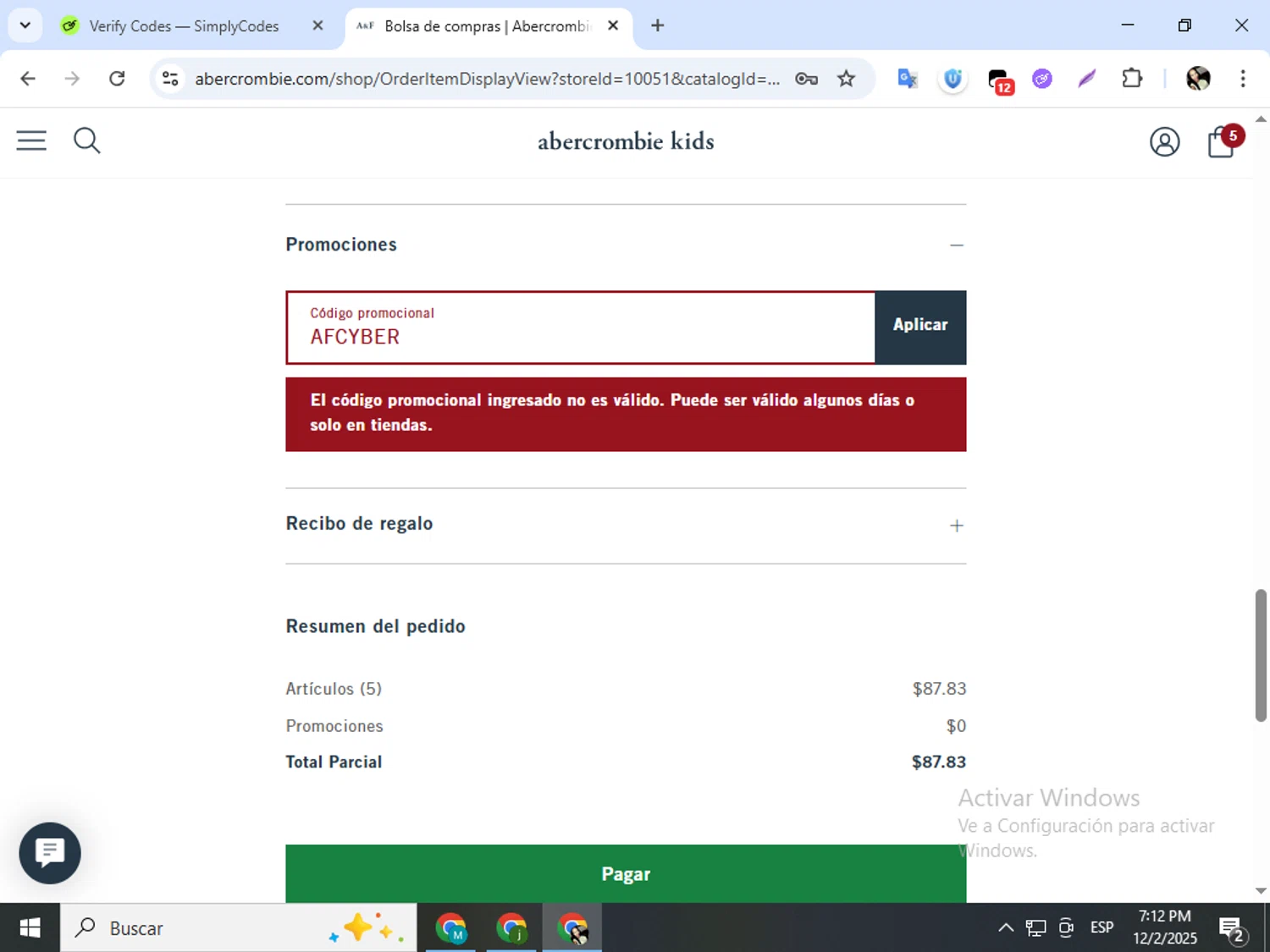 Abercrombie Kids promo code screenshot showing code AFCYBER applied at Abercrombie Kids checkout page. Uploaded by SimplyCodes community member mariapolancog on Dec 2, 2025
