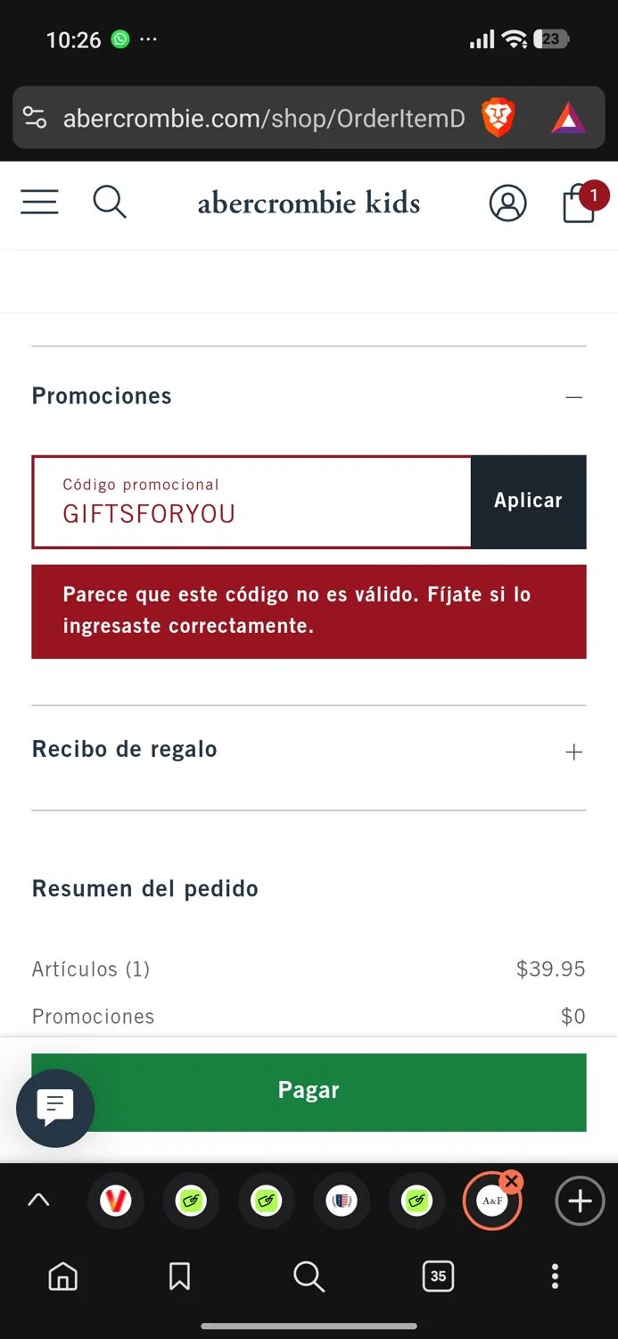 Abercrombie Kids promo code screenshot showing code GIFTSFORYOU applied at Abercrombie Kids checkout page. Uploaded by SimplyCodes community member Dejadepicharme on Dec 9, 2025