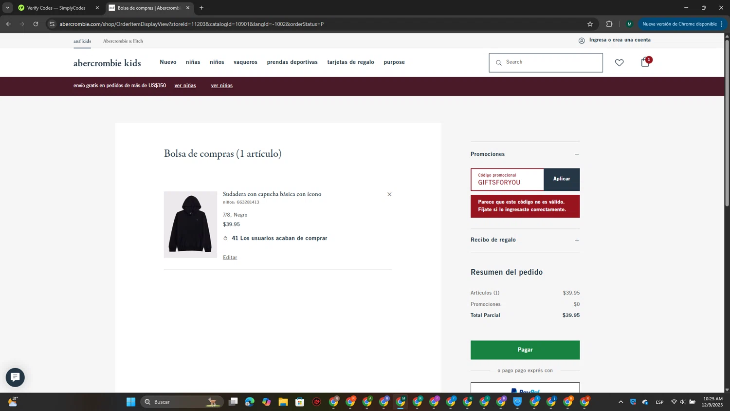 Abercrombie Kids promo code screenshot showing code GIFTSFORYOU applied at Abercrombie Kids checkout page. Uploaded by SimplyCodes community member MDLECHUZA on Dec 9, 2025