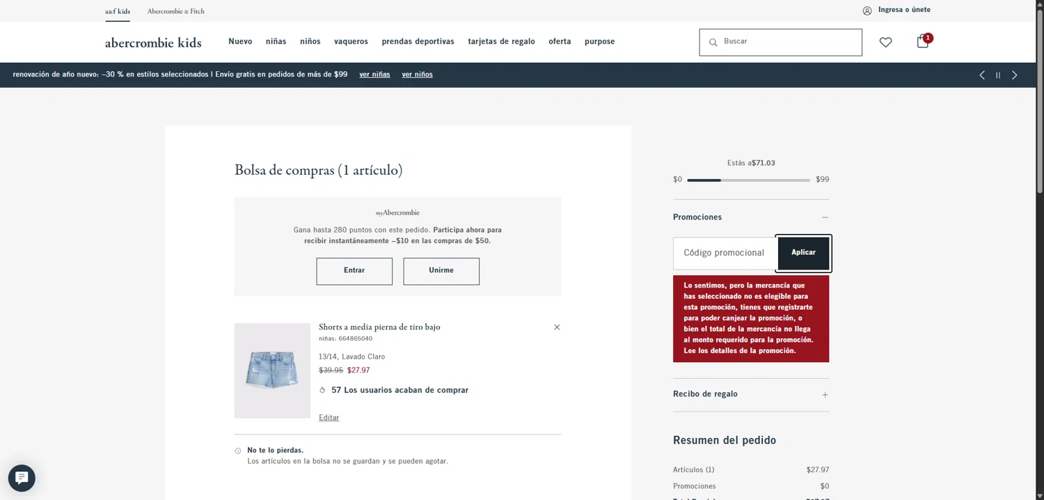 Abercrombie Kids promo code screenshot showing code Af20 applied at Abercrombie Kids checkout page. Uploaded by SimplyCodes community member TokenNavigator3088 on Jan 25, 2026