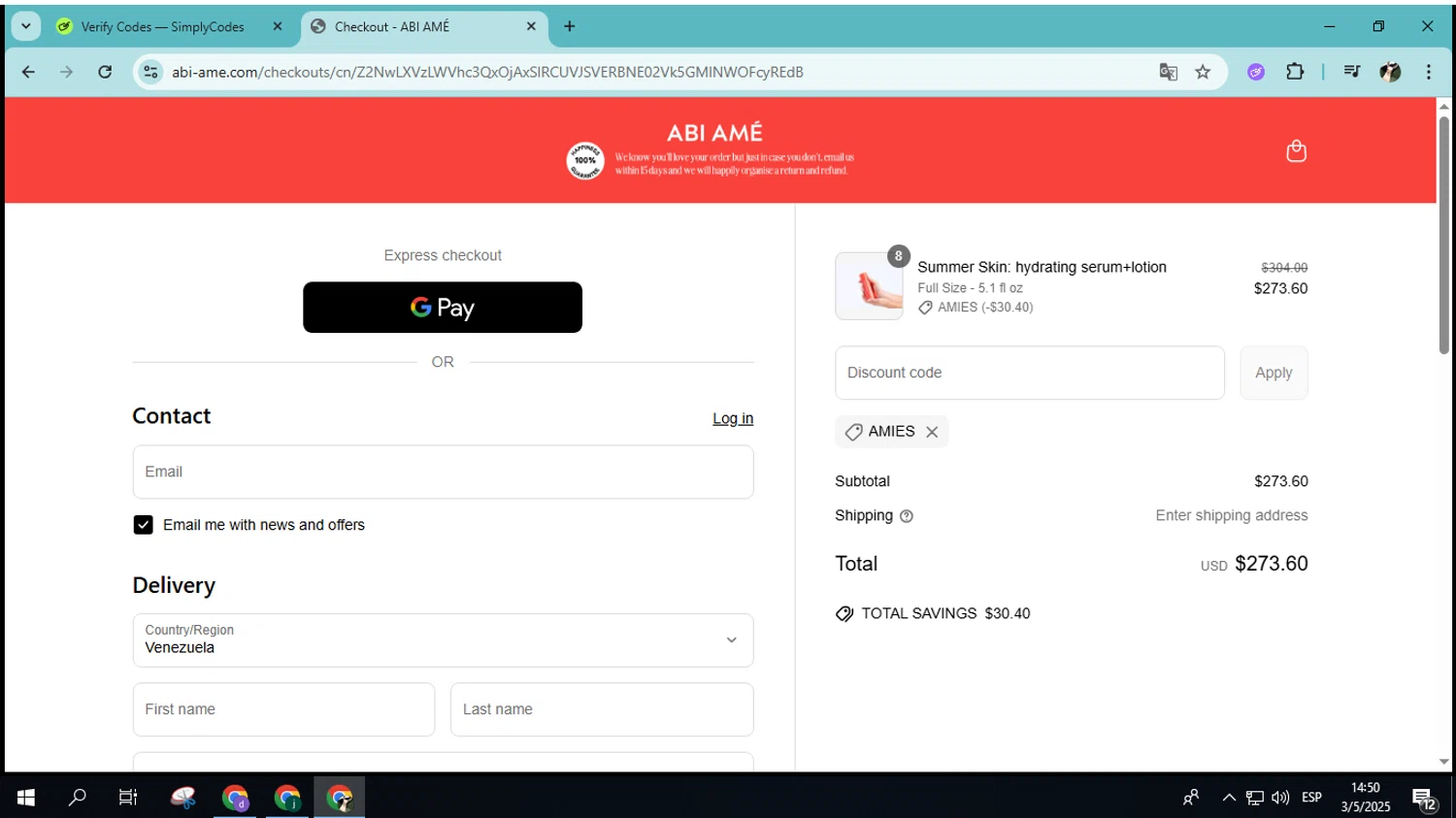 ABI AMÉ promo code screenshot showing code AMIES applied at ABI AMÉ checkout page. Uploaded by SimplyCodes community member joseandres on May 3, 2025