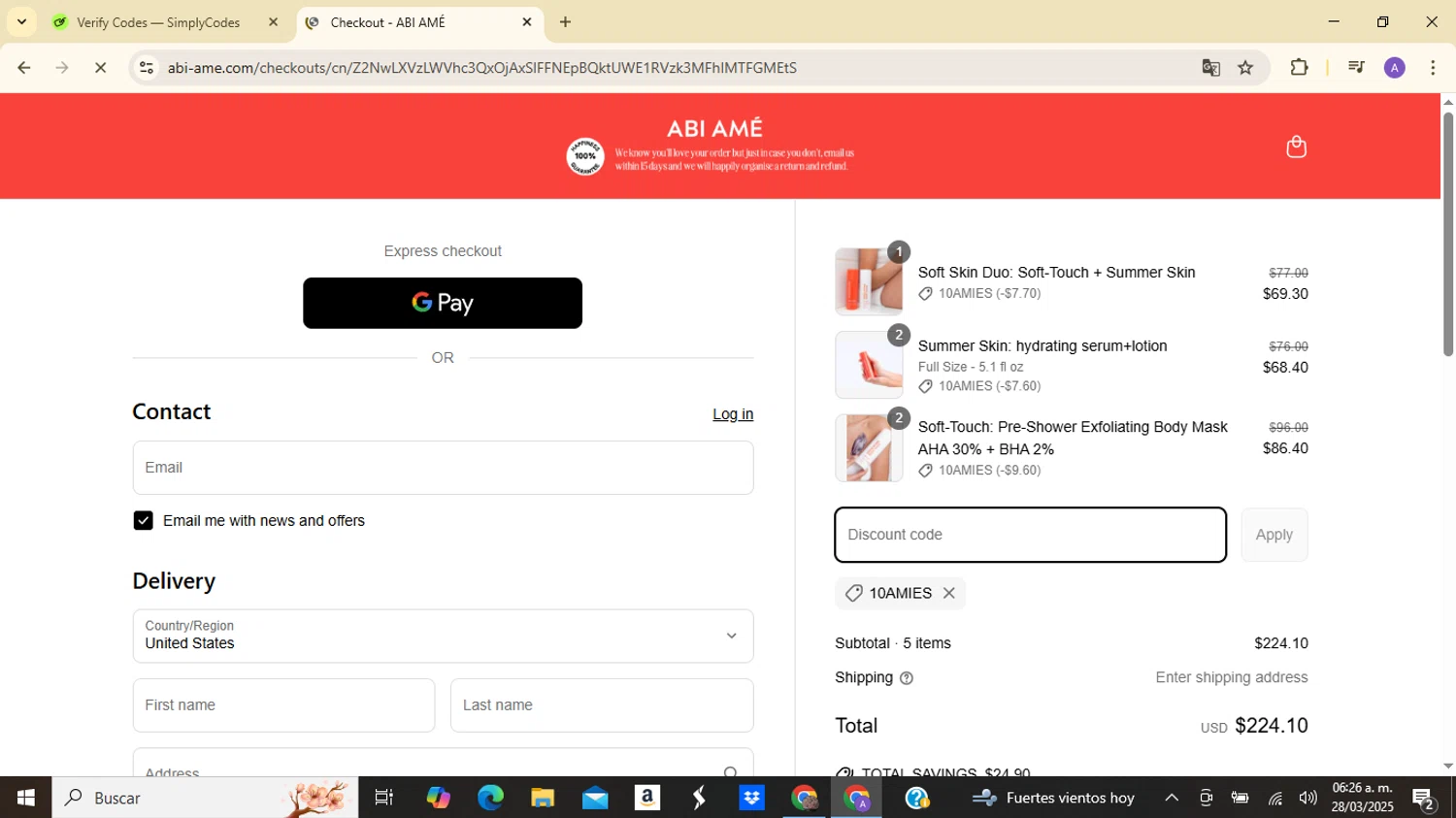 ABI AMÉ promo code screenshot showing code 10amies applied at ABI AMÉ checkout page. Uploaded by SimplyCodes community member QuestScout5569 on Mar 28, 2025