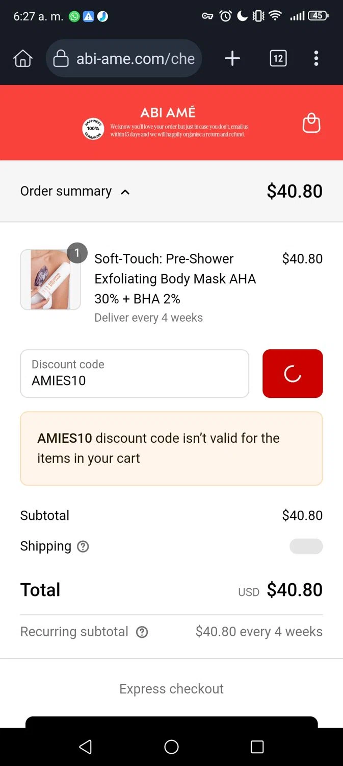 ABI AMÉ promo code screenshot showing code AMIES10 applied at ABI AMÉ checkout page. Uploaded by SimplyCodes community member Georg3 on Mar 28, 2025