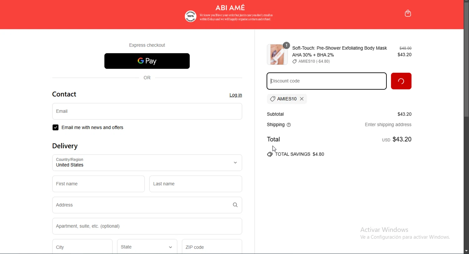 ABI AMÉ promo code screenshot showing code AMIES10 applied at ABI AMÉ checkout page. Uploaded by SimplyCodes community member Jsjsjsjsjsjsjs on Mar 28, 2025