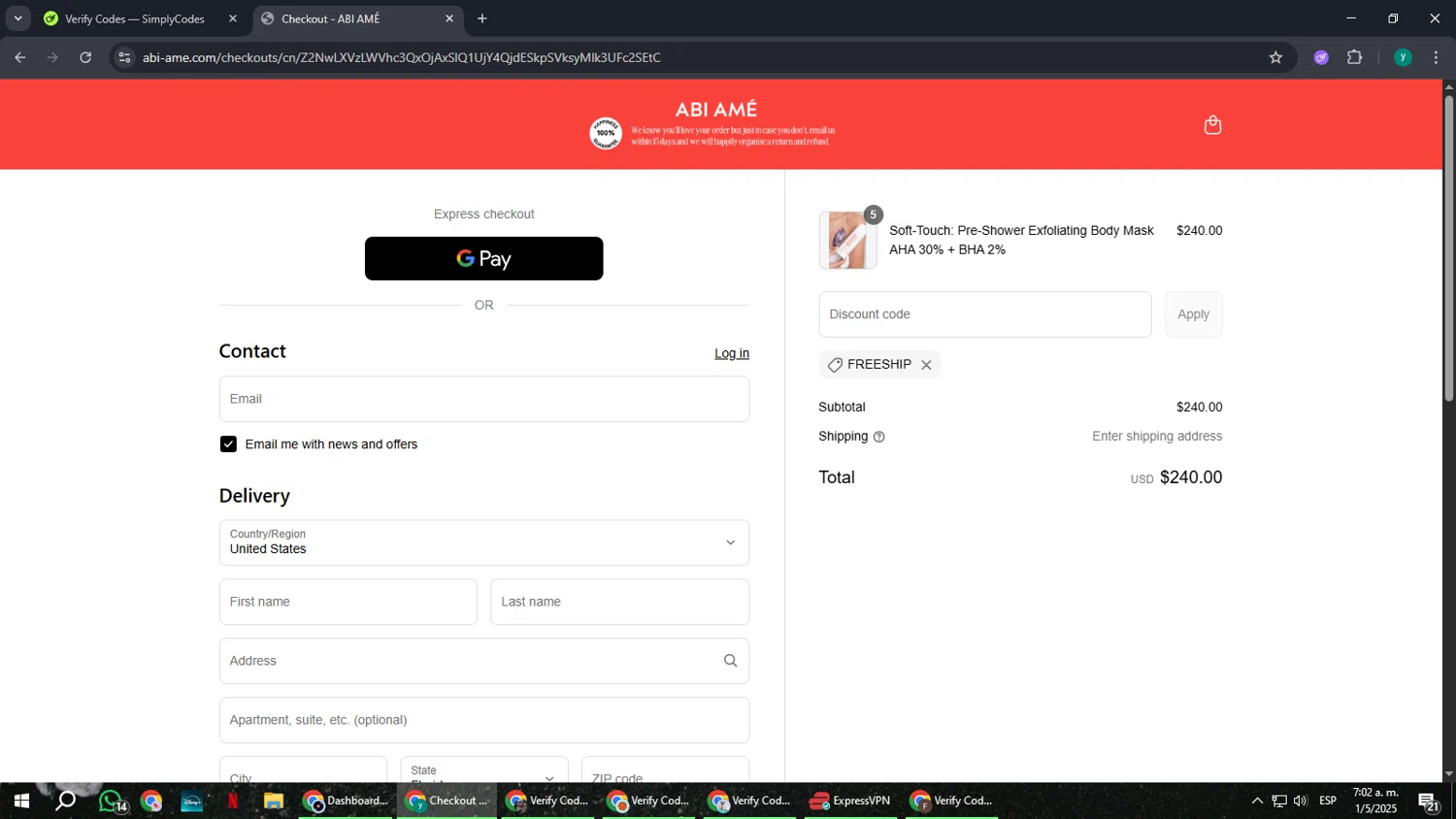 ABI AMÉ promo code screenshot showing code FREESHIP applied at ABI AMÉ checkout page. Uploaded by SimplyCodes community member FrugalCaptain6906 on May 1, 2025