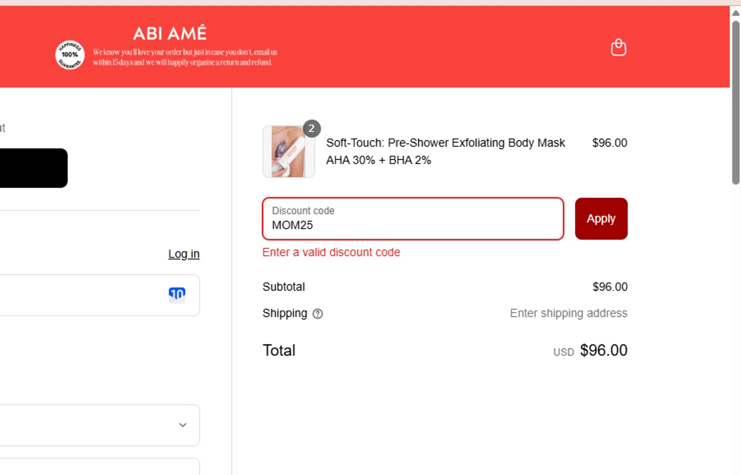 ABI AMÉ promo code screenshot showing code MOM25 applied at ABI AMÉ checkout page. Uploaded by SimplyCodes community member luisaballera on May 26, 2025