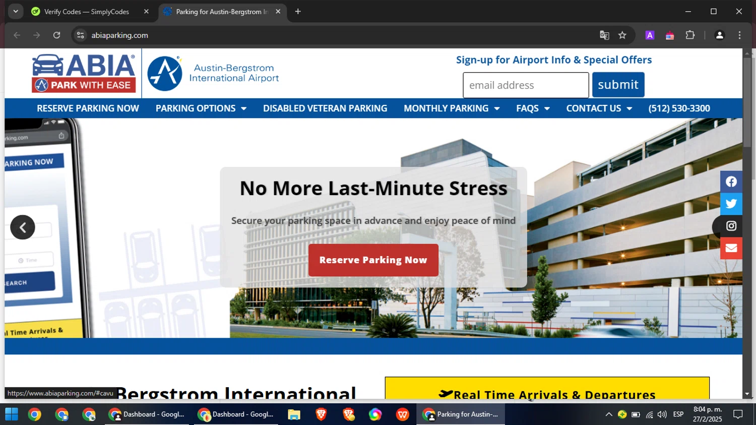 ABIA Parking discount code screenshot showing code WELCOME15 applied at ABIA Parking checkout page. Uploaded by SimplyCodes community member RebateCaptain6440 on Feb 28, 2025