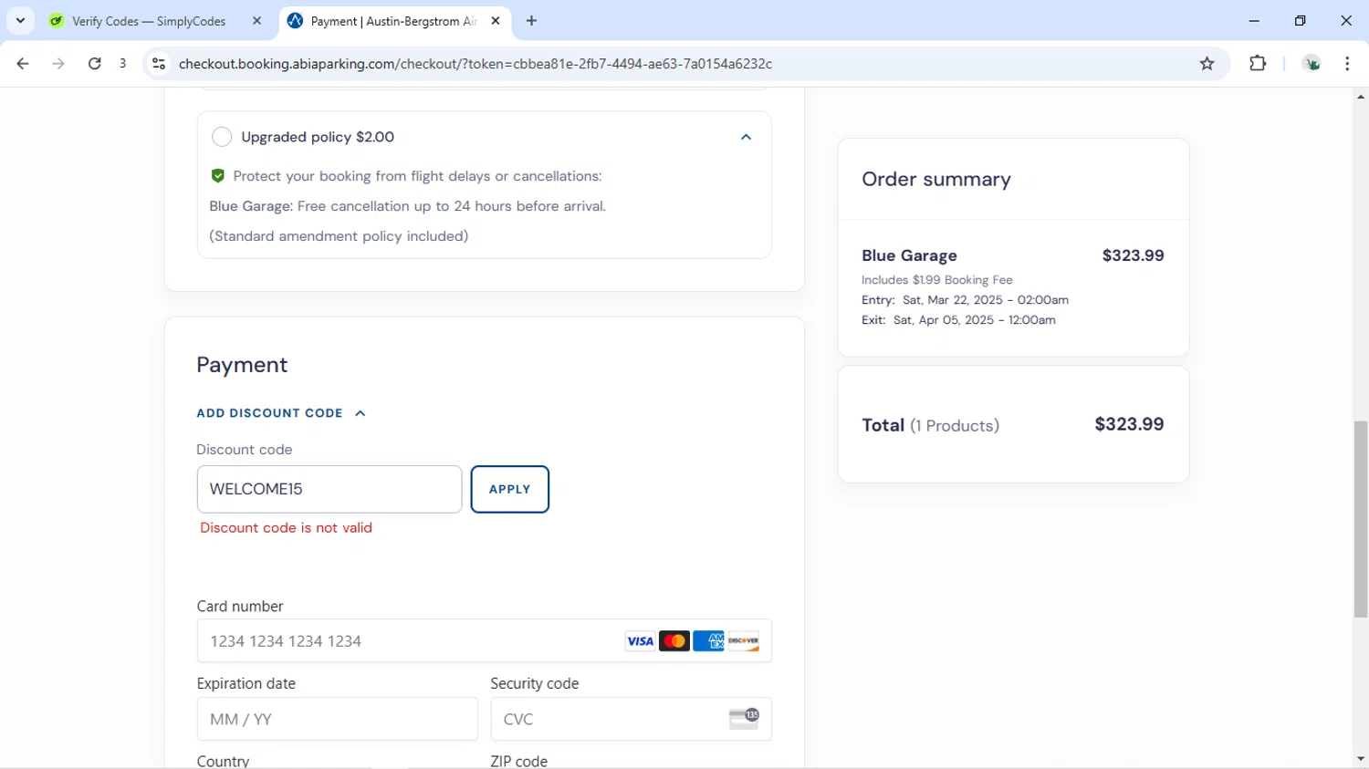 ABIA Parking discount code screenshot showing code WELCOME15 applied at ABIA Parking checkout page. Uploaded by SimplyCodes community member SofiaVentura on Feb 28, 2025