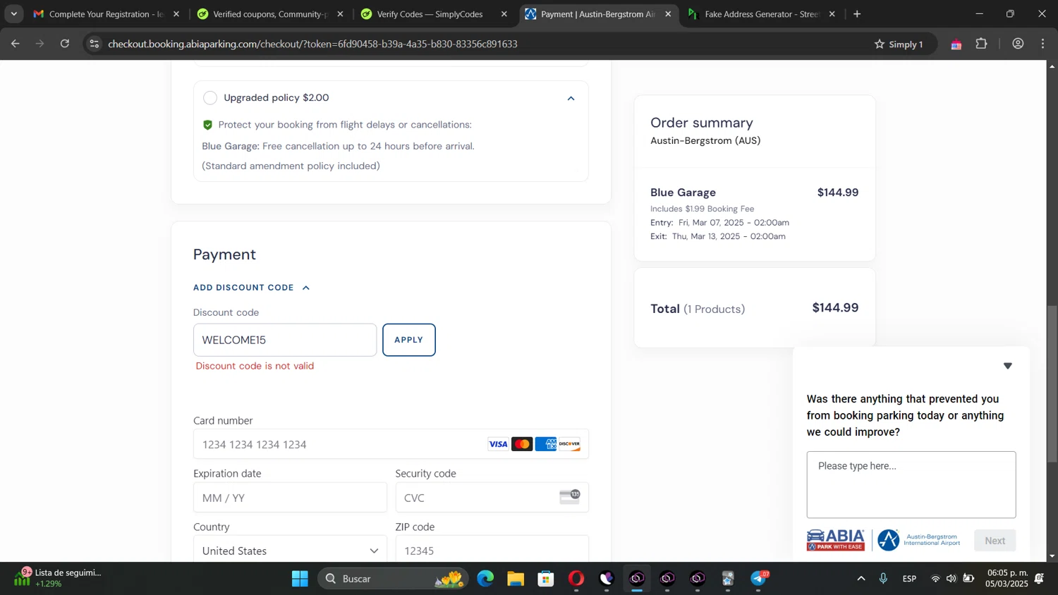 ABIA Parking discount code screenshot showing code WELCOME15 applied at ABIA Parking checkout page. Uploaded by SimplyCodes community member LuckySentinel2466 on Mar 5, 2025