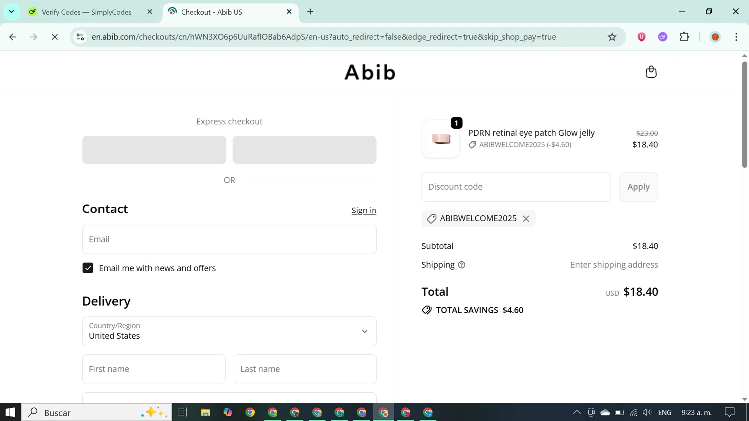 Abib US promo code screenshot showing code ABIBWELCOME2025 applied at Abib US checkout page. Uploaded by SimplyCodes community member ABUSAMADRES_ on Sep 29, 2025