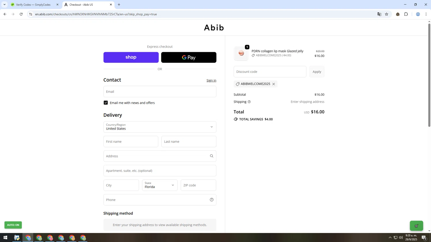 Abib US promo code screenshot showing code ABIBWELCOME2025 applied at Abib US checkout page. Uploaded by SimplyCodes community member INSECTOS on Sep 29, 2025