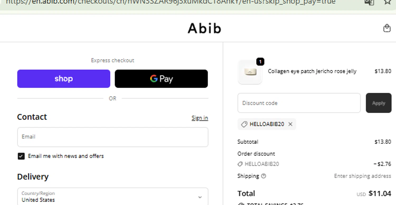 Abib US promo code screenshot showing code HELLOABIB20 applied at Abib US checkout page. Uploaded by SimplyCodes community member RewardFinder4836 on Sep 27, 2025
