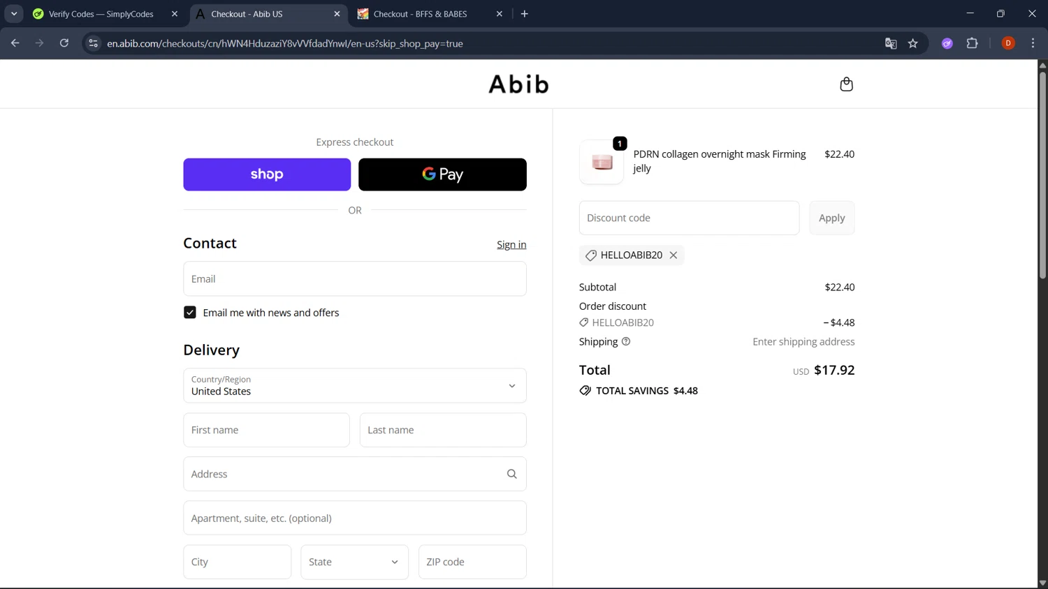 Abib US promo code screenshot showing code HELLOABIB20 applied at Abib US checkout page. Uploaded by SimplyCodes community member RoyalSaver3150 on Oct 19, 2025